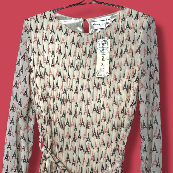 Vintage Y2K Snow Traffic Size Small Pleated Eiffel Tower Print Dress Belted NWT - Picture 4 of 14